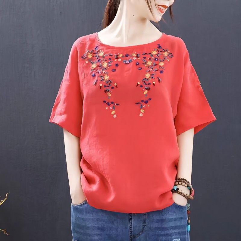 《現貨下單》刺繡棉麻短袖T恤女夏季新款寬鬆大尺碼復古原創圓領純棉上衣女短袖 短t恤女 女t 女短袖上衣 上衣短袖 上衣女 | 蝦皮購物