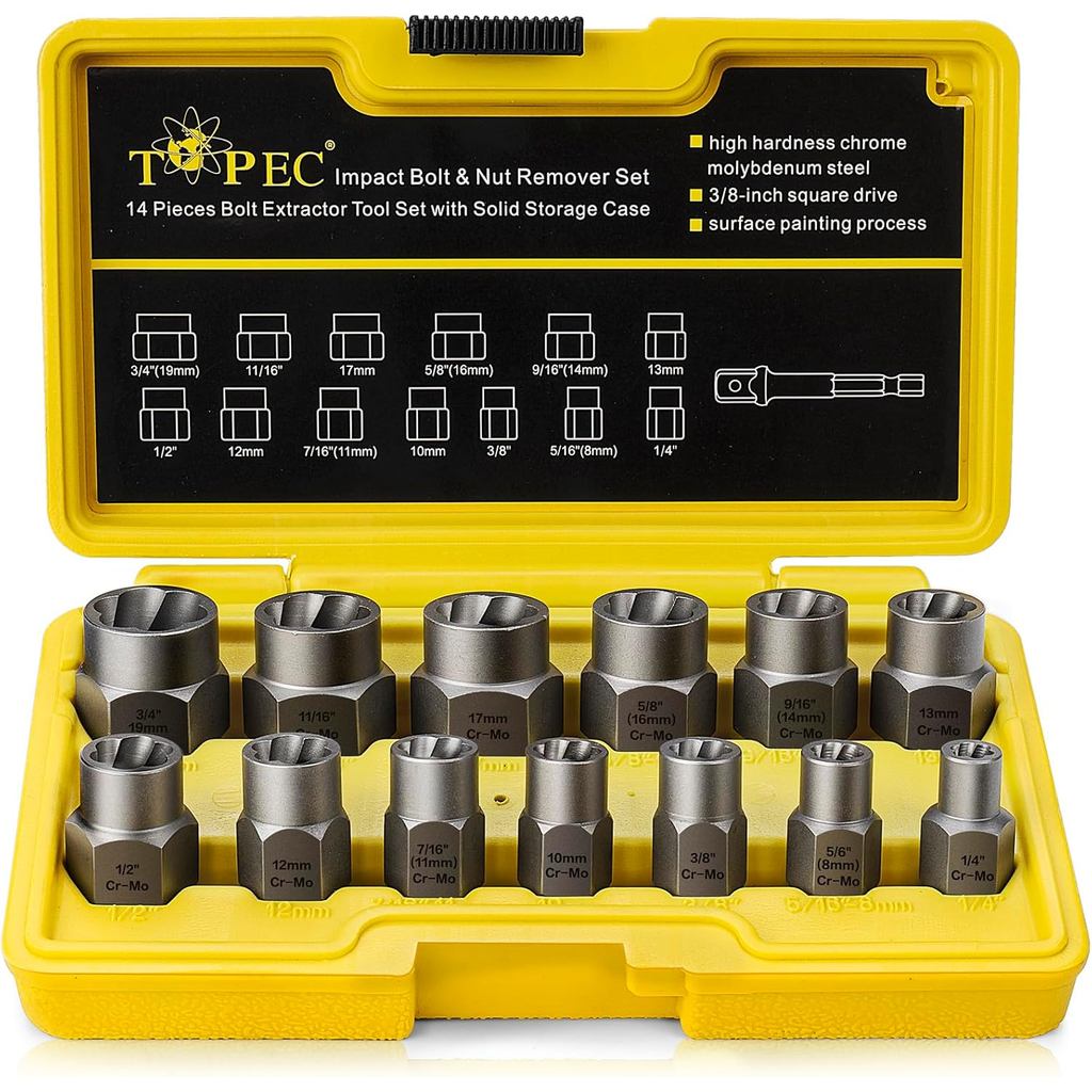 Topec 13+1 件衝擊螺栓和螺母拆卸器套件,3/8