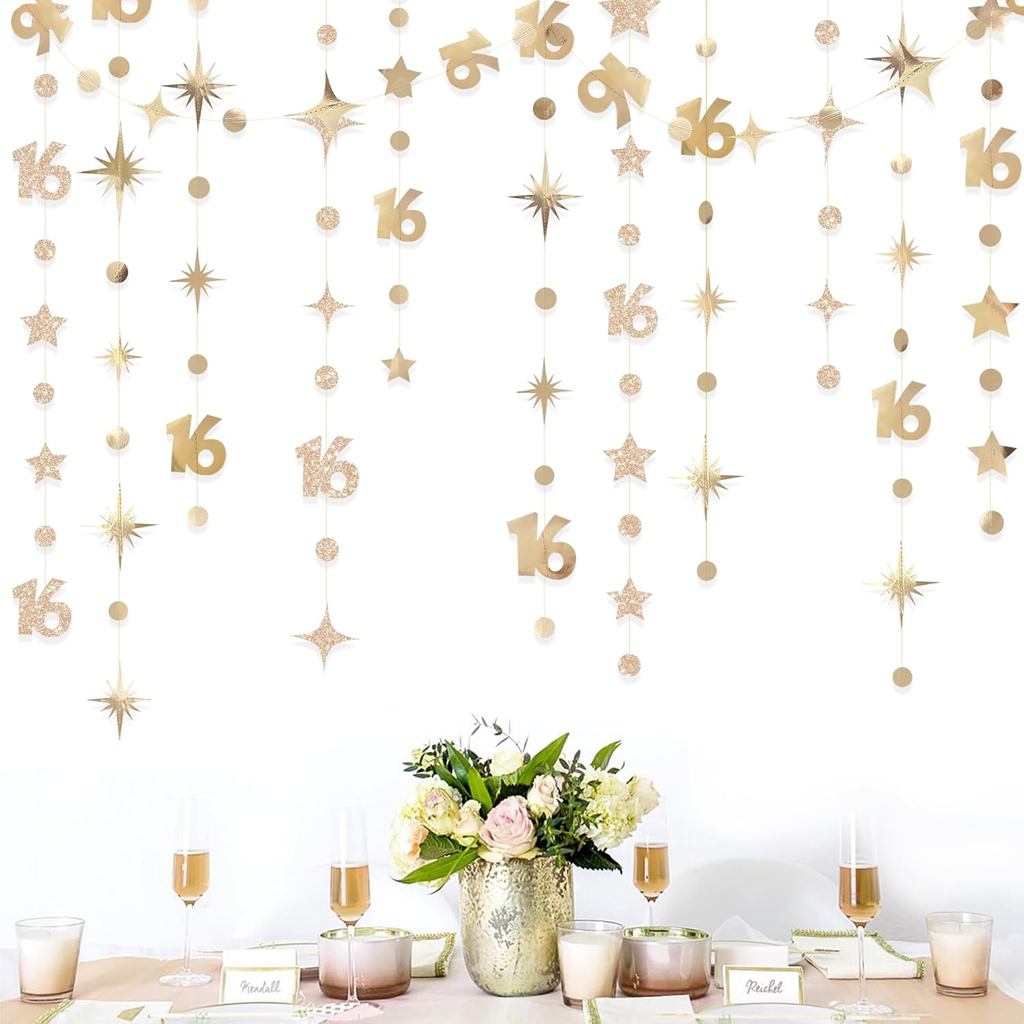 Festone Compleanno 16 Anni – 4 Ghirlande Metalliche Olografiche Con Scritta 'Dot Twinkle Star' – 16 Metri Totali – Decorazione Parete