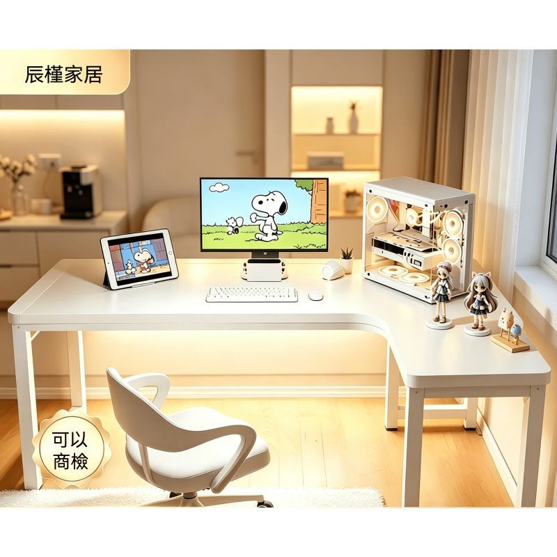 【廠家直銷】電腦桌 臺式家用轉角書桌 收納櫃一體女生臥室L型簡易辦公桌 大白桌 簡約 L 型轉角書桌 家用電腦桌帶書架