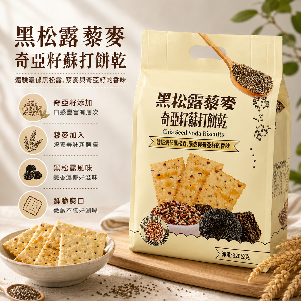 福伯 黑松露藜麥奇亞籽蘇打餅乾 320g 奇亞籽餅乾 餅乾 黑松露蘇打餅 點心 下午茶 獨立包裝 蘇打餅 | 蝦皮購物
