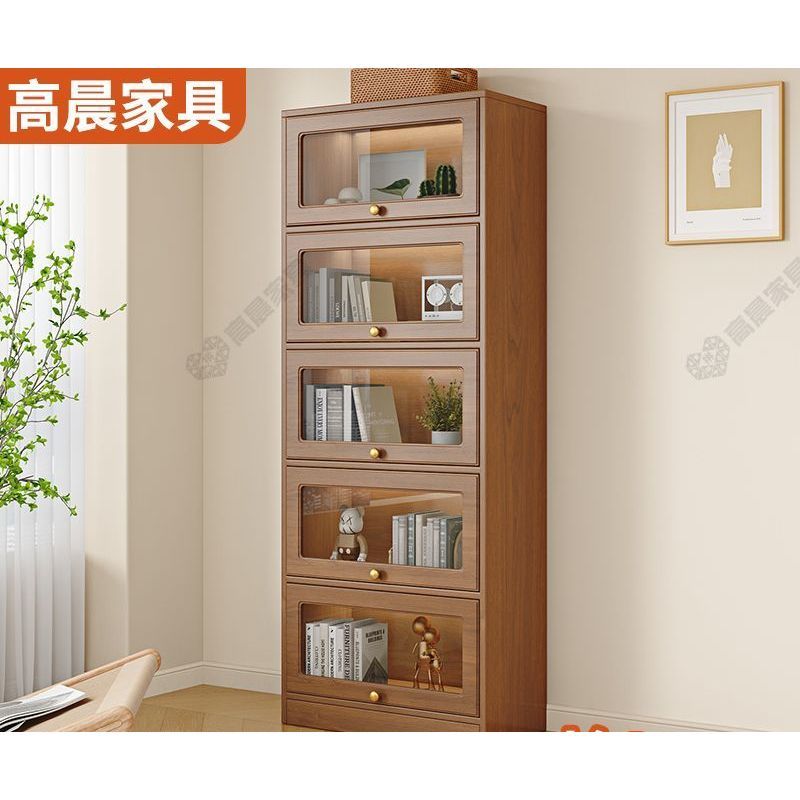 【廠家直銷】實木書櫃書架上翻門收納櫃落地櫃家用客廳多層防塵小書櫃置物架子 臥室收納櫃 胡桃木置物櫃 書房整理櫃