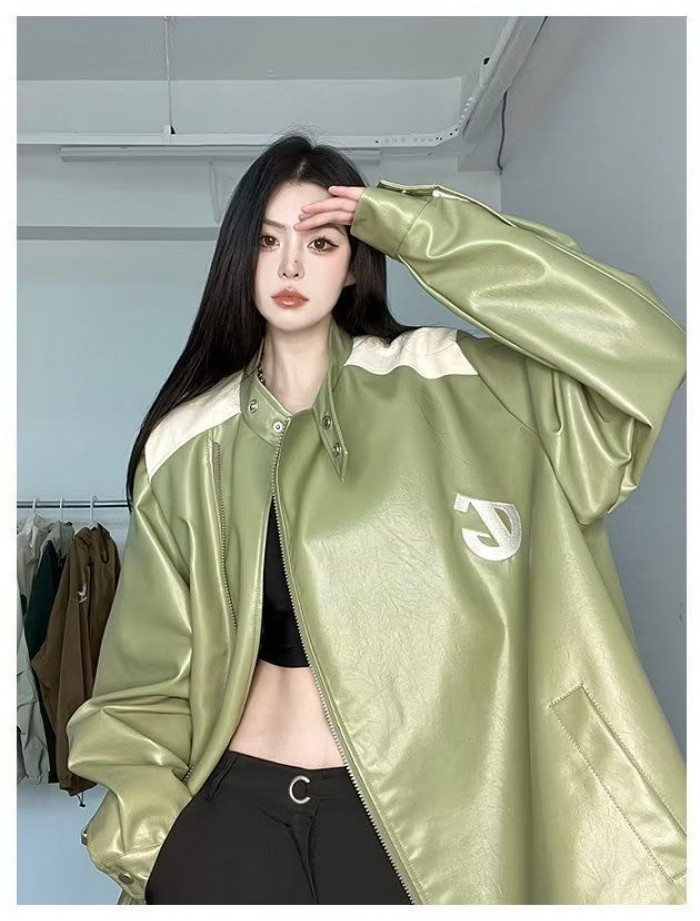 棒球服PU綠色美式皮衣秋冬款立領夾剋機車皮外套vintage設計感女 | 蝦皮購物