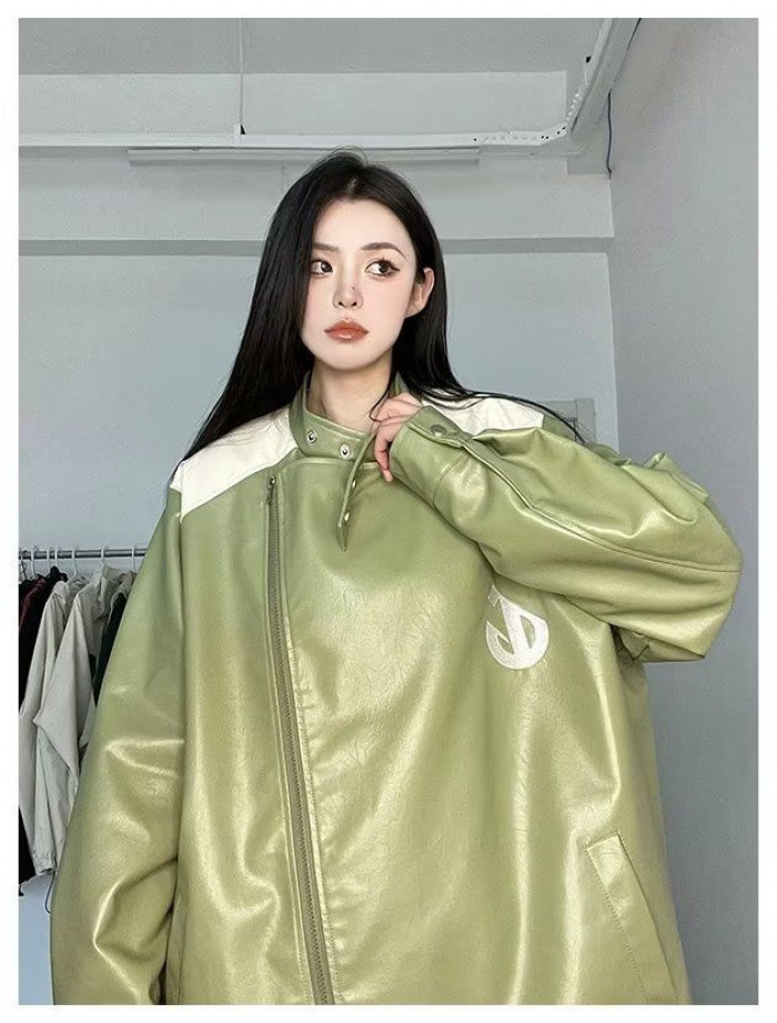 棒球服PU綠色美式皮衣秋冬款立領夾剋機車皮外套vintage設計感女 | 蝦皮購物