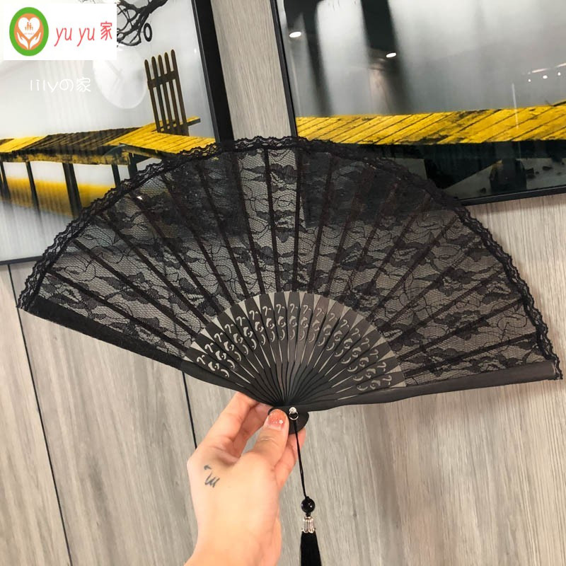 現貨 古风旗袍蕾丝扇 和風摺扇 女士旗袍舞蹈黑色蕾絲古典雙層復古扇 國風日式竹柄摺扇 | 蝦皮購物