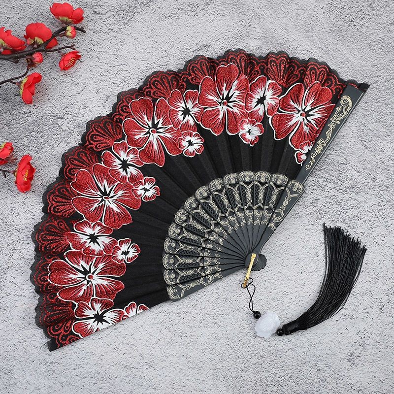 黑底繁花中國風扇子 古風旗袍扇 舞蹈扇 網紅扇 塑膠扇 廣場女士摺扇 | 蝦皮購物