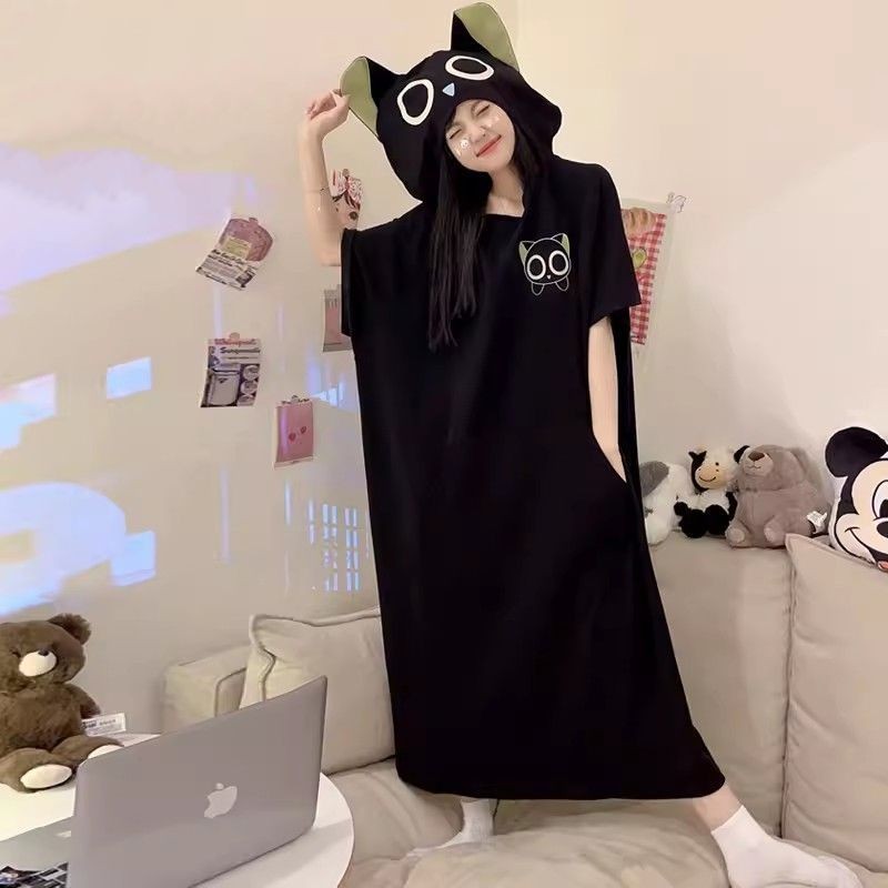 $免運$ 【晚安ONE-77】睡衣女 連帽短袖 睡裙女 大碼睡衣 寬鬆睡衣 印花睡衣 女生搞怪睡衣 三眼怪家居服 | 蝦皮購物