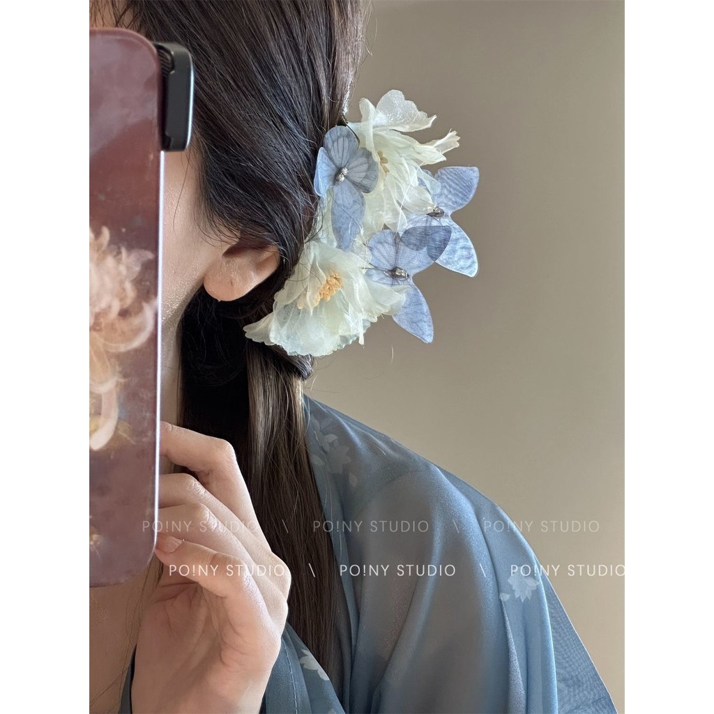 【小而美】 微雲似夢牡丹手工燙花髮夾薄紗仙氣絹花古風漢服發飾國風頭飾 | 蝦皮購物