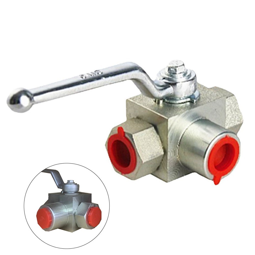 Produktbild von 3-Wege-Hydraulik-Kugelhahn M16x1,5 – 500 Bar, Innengewinde, Kohlenstoffstahl, Manuell – Für Wasser, Öl & Gas – DN10