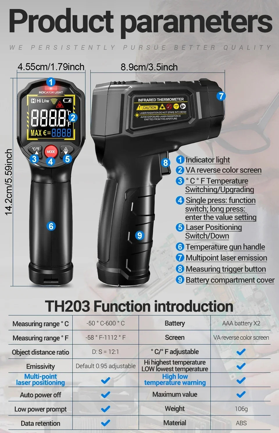 TH203 紅外線測溫儀 -50~600°C 工業級溫度槍 VA反顯彩屏 高精度 非接觸式測溫儀 家用/電工/烘焙 | 蝦皮購物