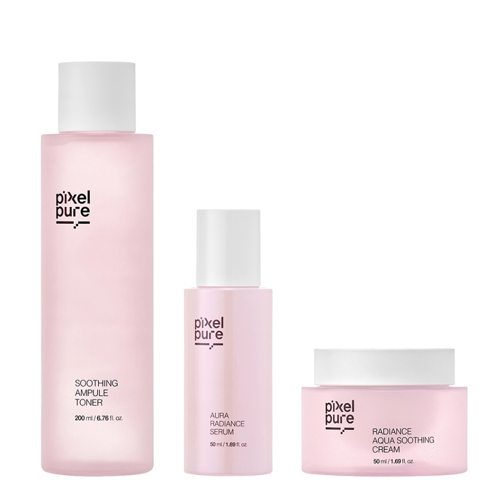 Pixelpure 舒緩亮採 3 組(精華 50ml + 面霜 50ml + 爽膚水 200ml) | 蝦皮購物