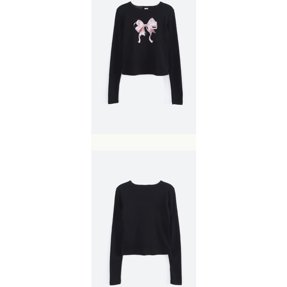 RONRON] DOUBLE RIBBON SLIM CROP LONG SLEEVE 長袖T恤| 蝦皮購物