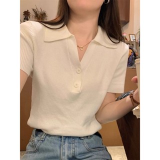 洋氣polo領紐扣設計感短袖女裝夏季新款獨特別緻寬鬆針織T恤上衣