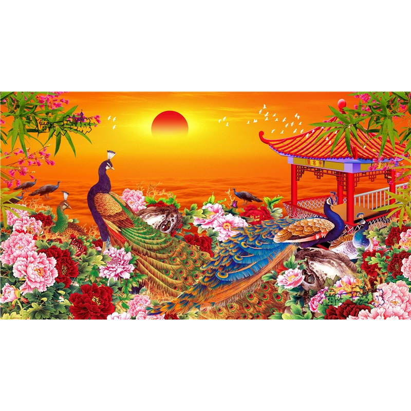 吉祥孔雀花開富貴牡丹花玄關裝飾畫客製化來圖訂製300片500片1000片木質