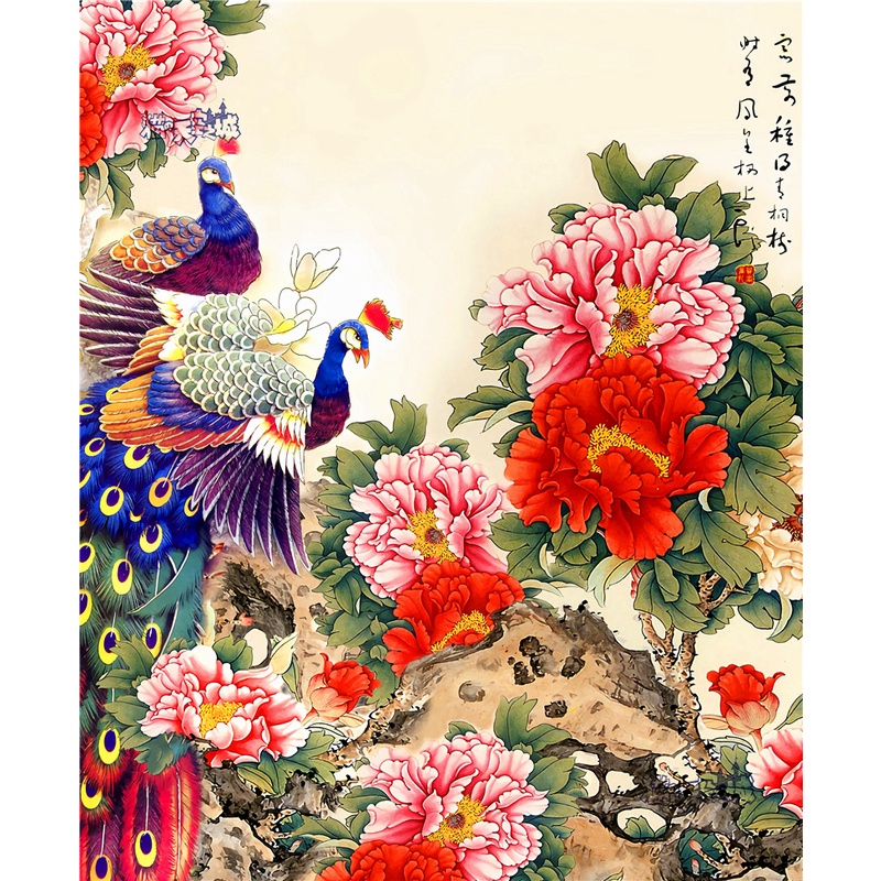 吉祥孔雀花開富貴牡丹花玄關裝飾畫客製化來圖訂製300片500片1000片木質