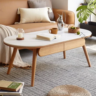 【卽美生活】免運 北歐實木岩板茶幾小戶型簡約現代家用客廳創意橢圓形橡木小茶幾桌