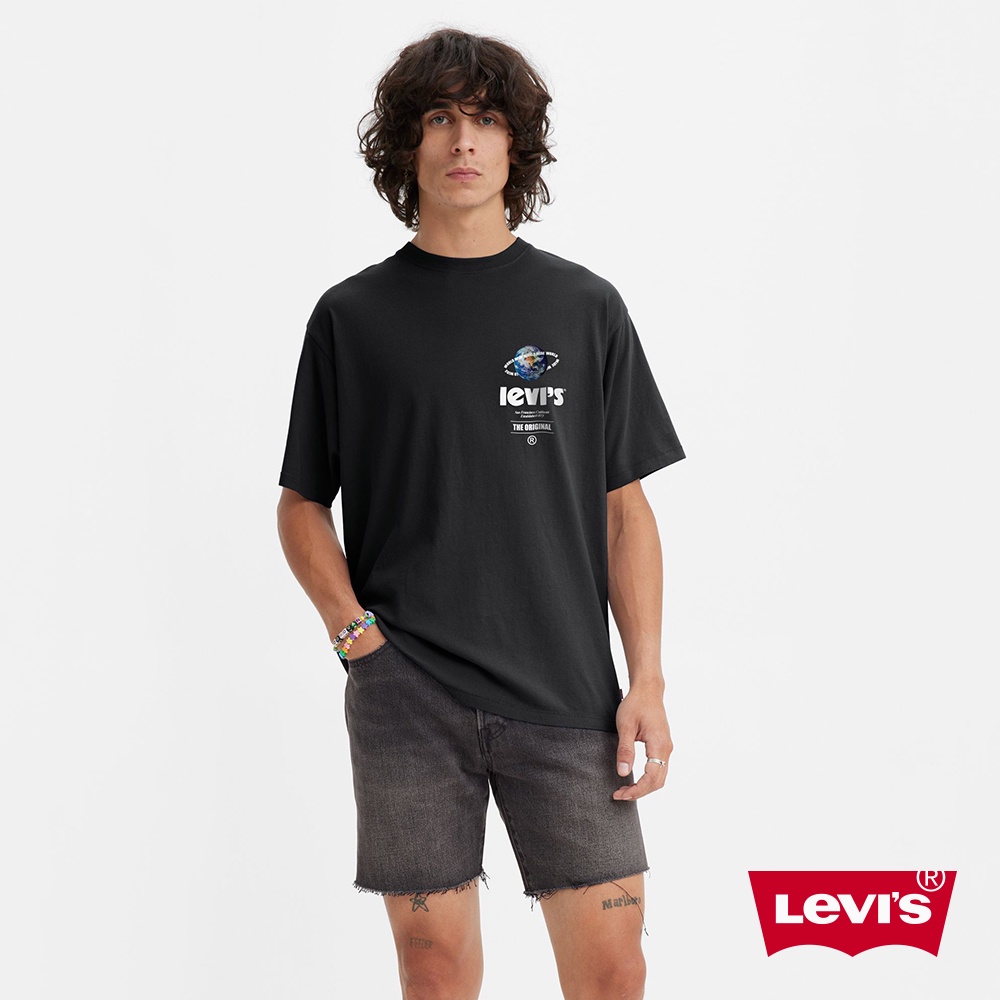 Levis 復古重磅寬鬆版短袖T恤高密度膠印Logo 370GSM厚棉魚子黑男87373