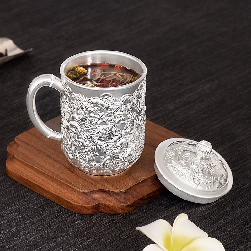 銀器時代高檔浮雕九龍茶缸杯純銀馬克杯帶蓋銀杯純銀999茶水杯子壹家具