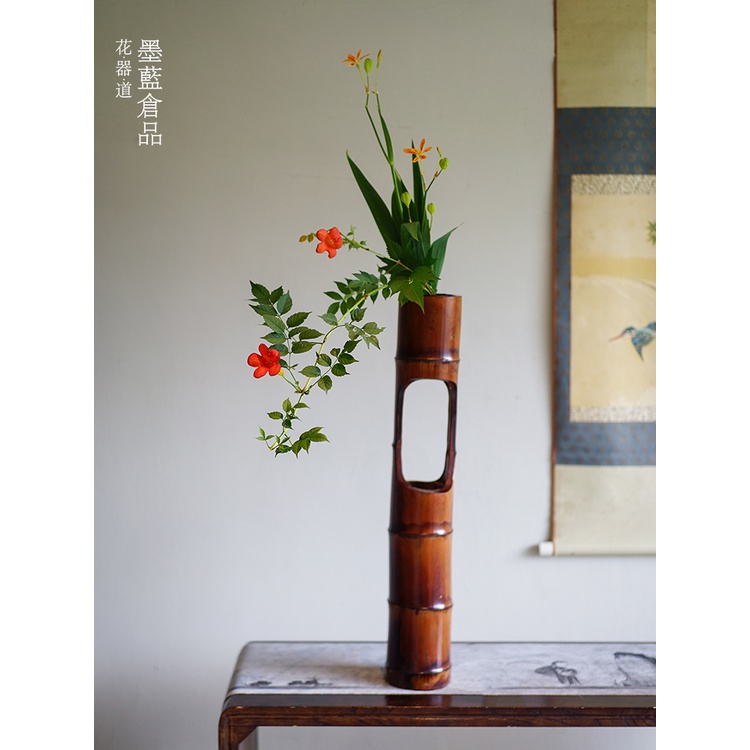 竹筒花器帶根中華花藝竹制花瓶擺件禪意中式日式瓶花插花器皿