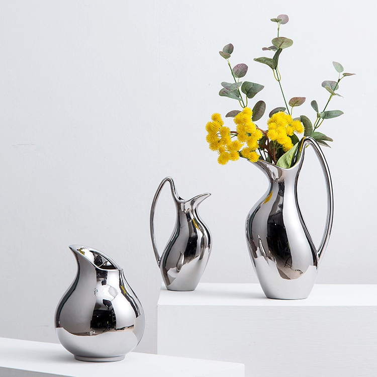 銀色電鍍陶瓷花器壺形花瓶高級感輕奢客廳樣板房插花藝術軟裝擺件客廳