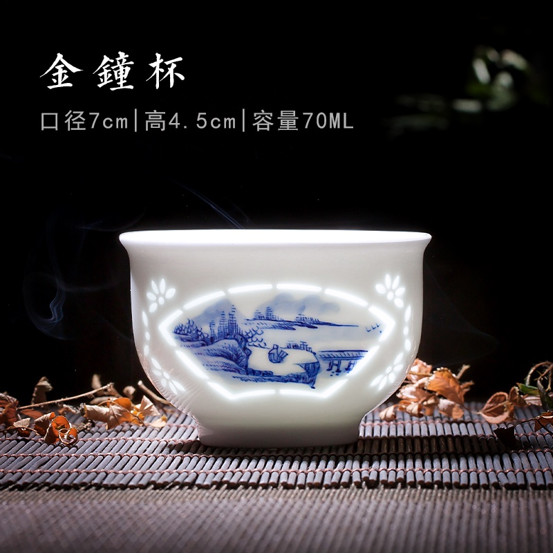 景德鎮手繪青花陶瓷品茗杯主人杯功夫茶杯白瓷山水手工高檔單個專用茶具
