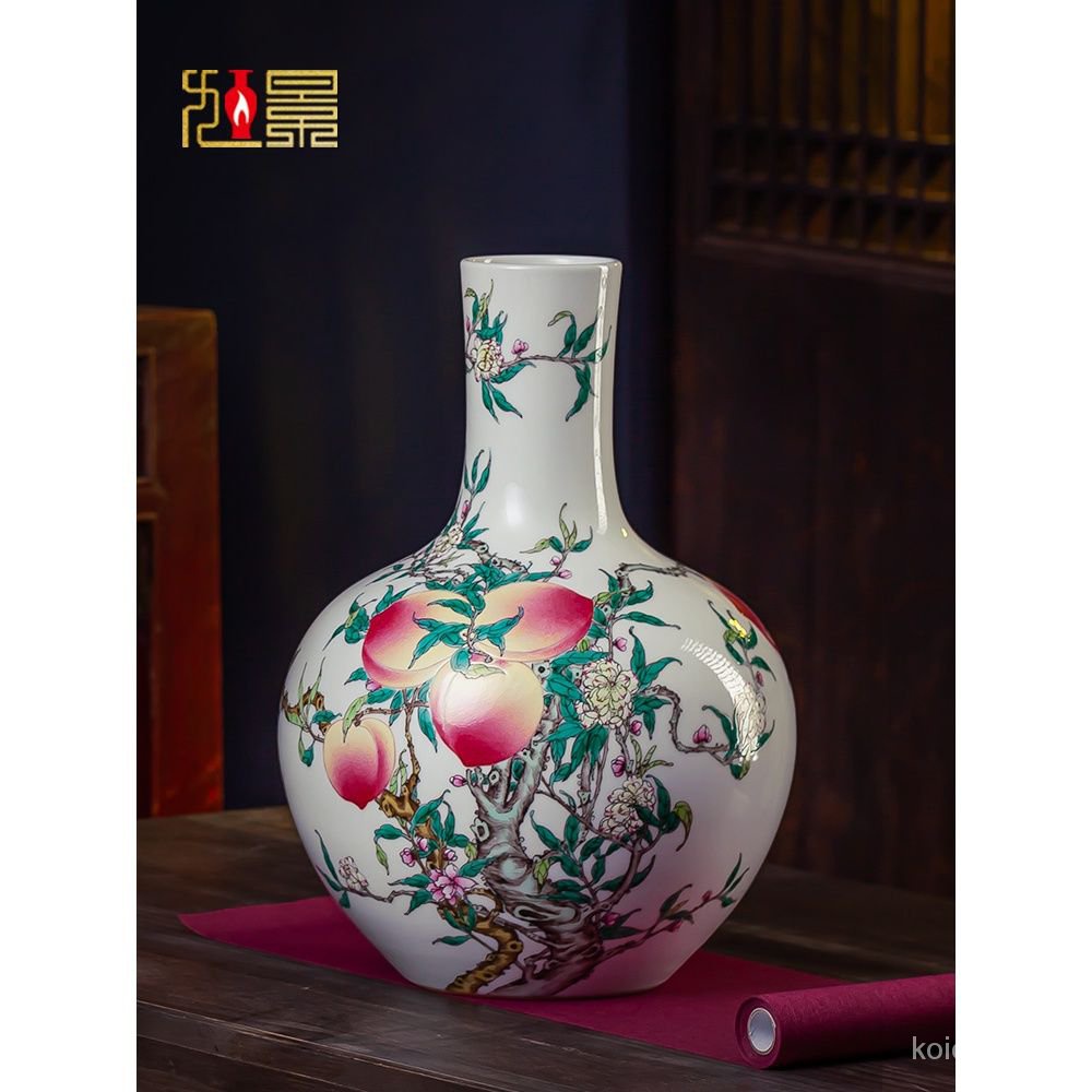 景德鎮陶瓷器大花瓶手繪粉彩九桃天球瓶大號仿古客廳擺件傢居裝飾