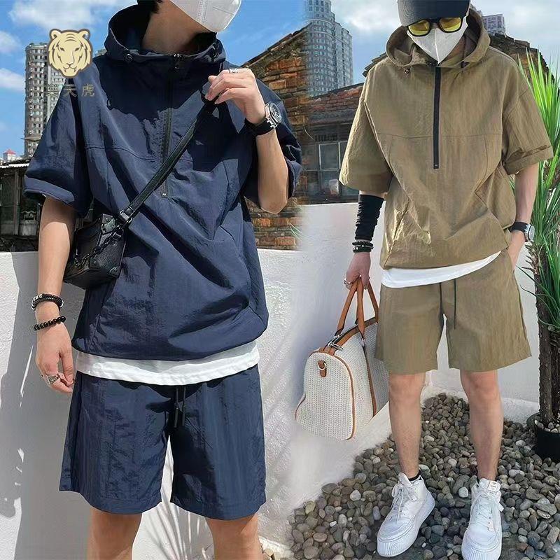 免運⭐樂天虎☀️休閒套裝男 男生套裝 短袖套裝 運動套裝 日系工裝男士套裝夏季大碼短袖短褲連帽兩件套寬松薄款帥氣一套男 | 蝦皮購物