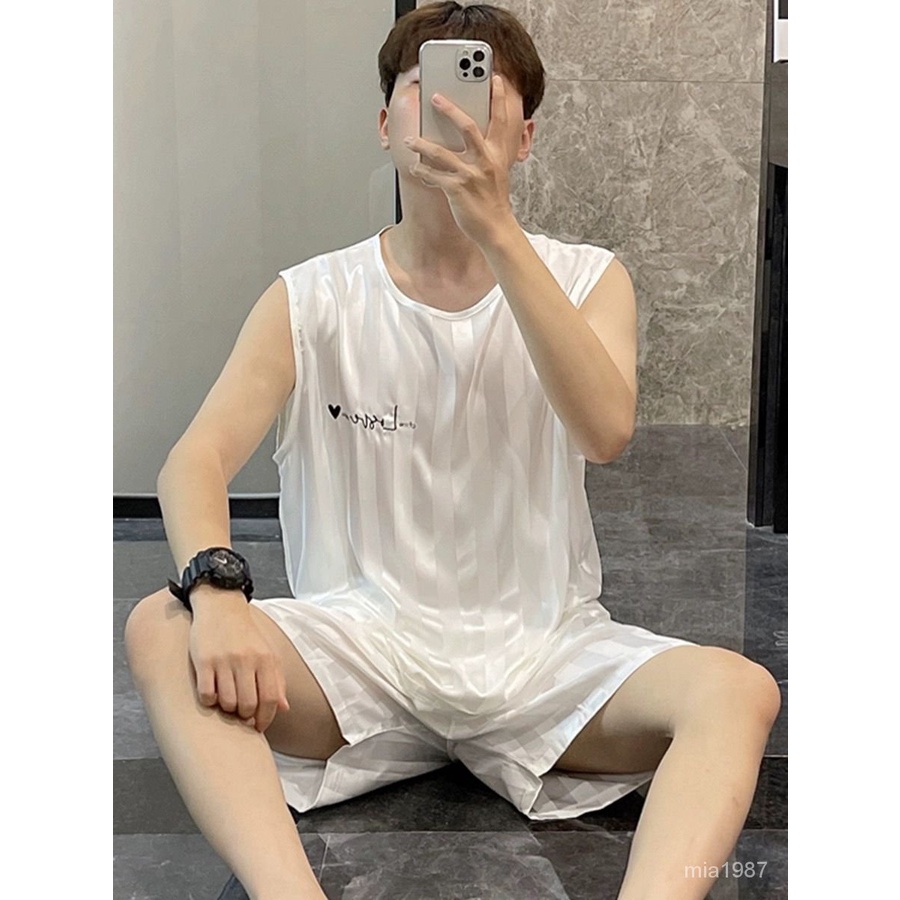 【精品男裝】ins風睡衣男夏季無袖短褲新款冰絲高檔男夏天薄款大碼傢居服套裝 YUCJ | 蝦皮購物