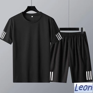 【Leon】大尺碼套裝男 夏男士套裝 健身 跑步 運動 T恤短褲套裝 短袖男 吸汗兩件套男 舒適 套裝男生 休閒套裝