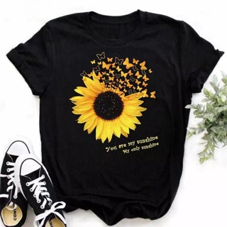 【23ʕ ᵔᴥᵔ ʔ熱賣】Sunflower T shirt 新款夏季女士黑色短袖時尚太陽花向日葵體恤衫