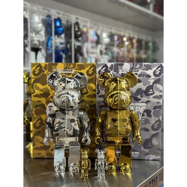 BE@RBRICK 庫柏力克熊bearbrick BAPE(R) CAMO SHARK 金銀鯊魚400%+100