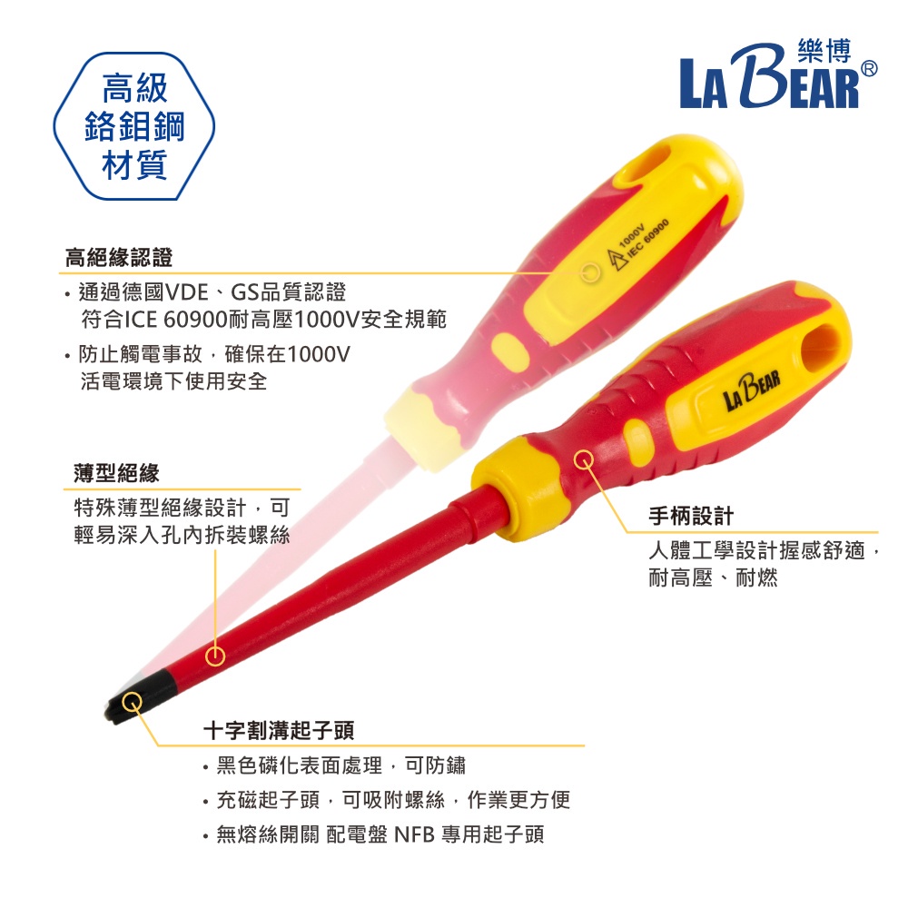 【LaBear】十字割溝 VDE絕緣螺絲起子 PH2/SL6 電工起子 1000V絕緣 絕緣起子 NFB 配電盤專用 | 蝦皮購物