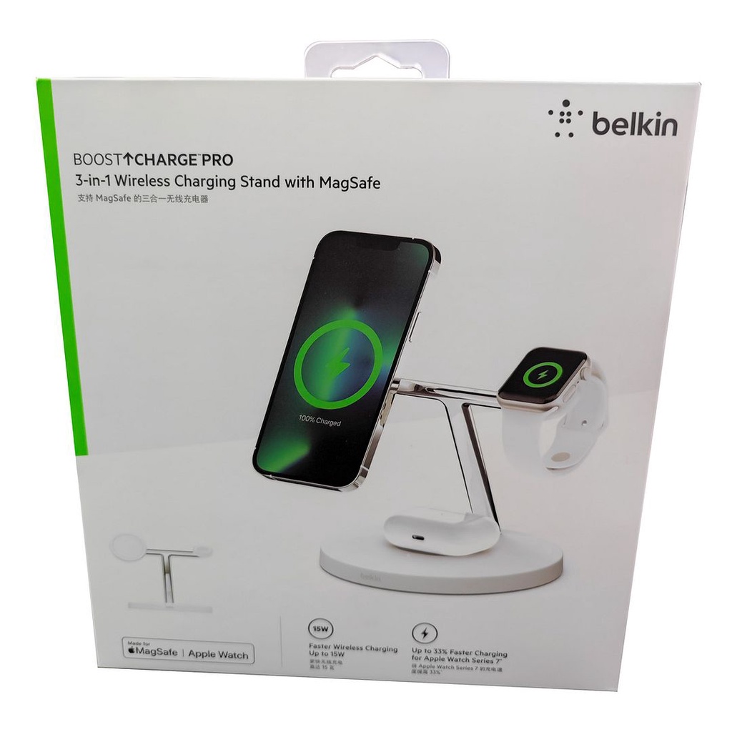 Belkin BoostCharge Pro 三合一無線充電立架15W MagSafe 白(美式插頭