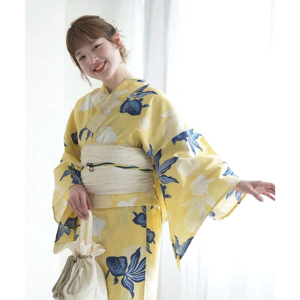 日單浴衣日本傳統款和服YUKATA 棉布質地少女女士黃色系藍白金魚| 蝦皮購物