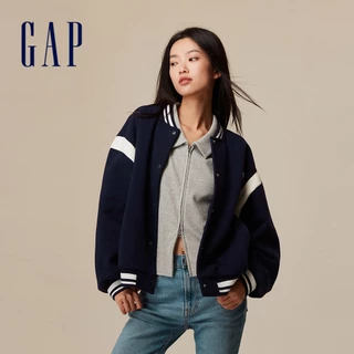 Gap 女裝 Logo小熊印花圓領棒球外套 碳素軟磨系列-海軍藍(810611)