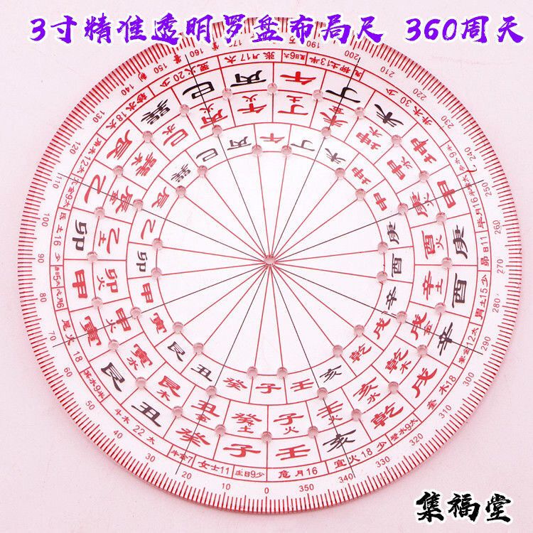 49孔圓形二十四山風水方位立極尺3寸精準透明羅盤佈局尺360週天| 蝦皮購物