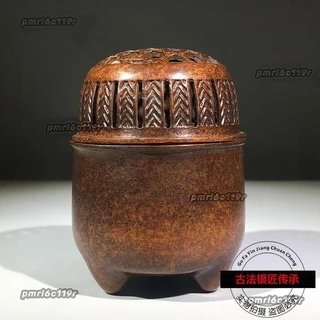 明代 大明宣徳年製 古銅彫 塗金猛虎紋獅首耳老