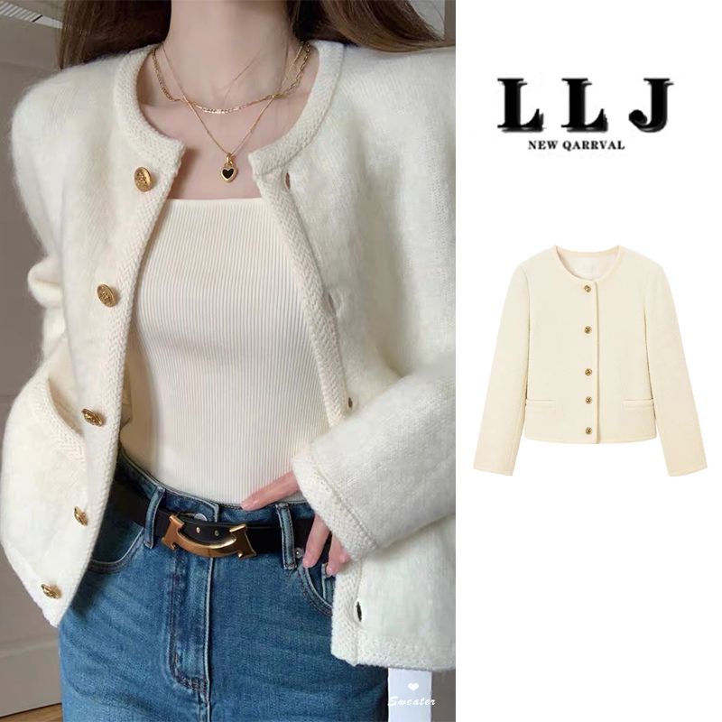 小香風金扣毛呢開襟外套