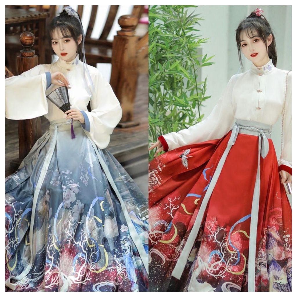 紅藍色 馬面裙套裝【鹿嶼】中國風服飾 明制漢服女 冬季古裝漢服 古風過年衣服 改良式中國服 漢元素 新中式 漢服套裝洋裝 | 蝦皮購物