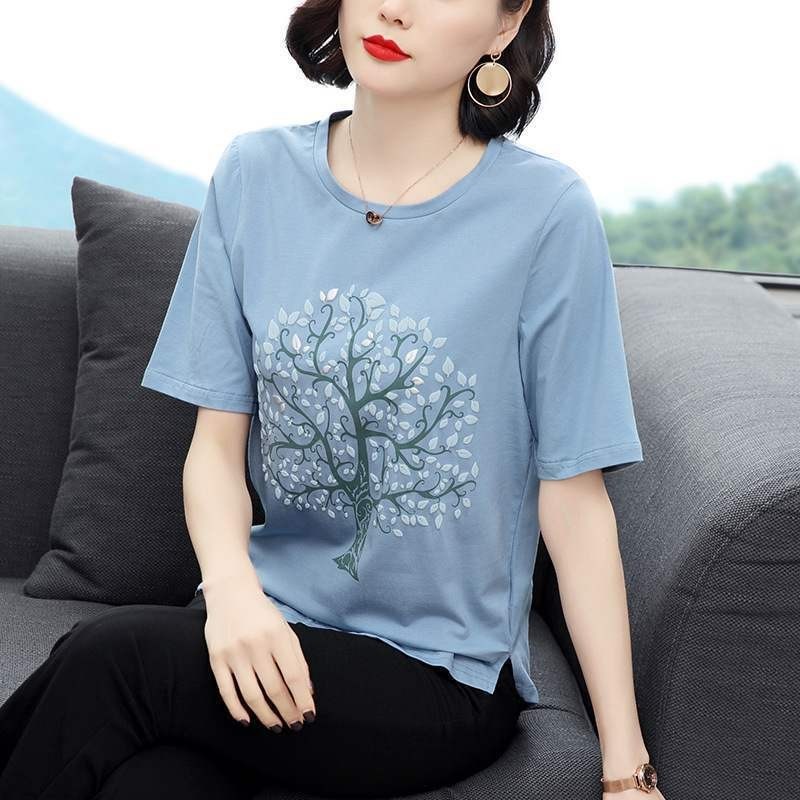 短袖T恤女2021夏裝新款印花寬鬆胖MM大碼遮肚子上衣女潮媽媽裝 夏裝T恤短袖 寬鬆大尺碼 | 蝦皮購物