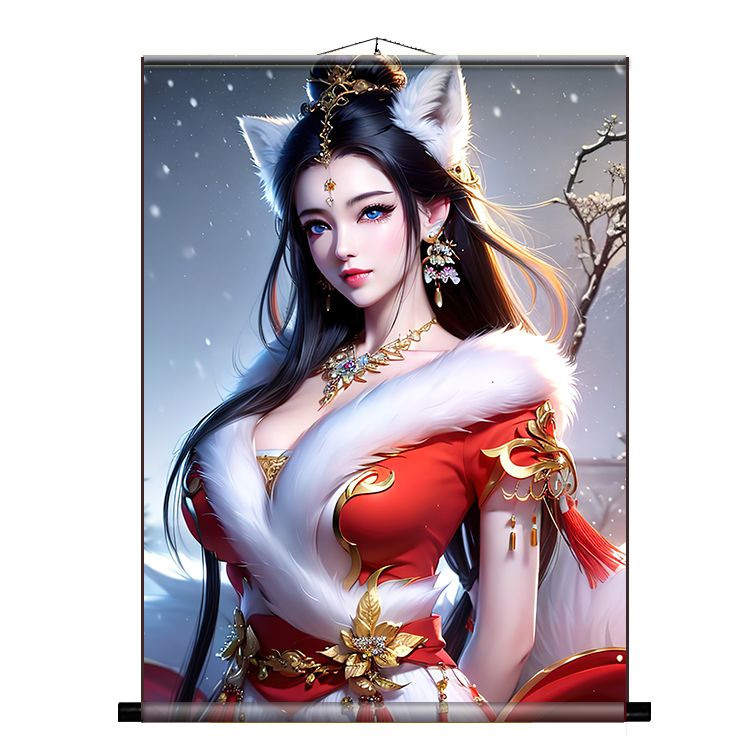 高清九尾狐娘娘真身掛畫女狐美女妲己桃花家用客廳裝飾絲綢卷軸畫