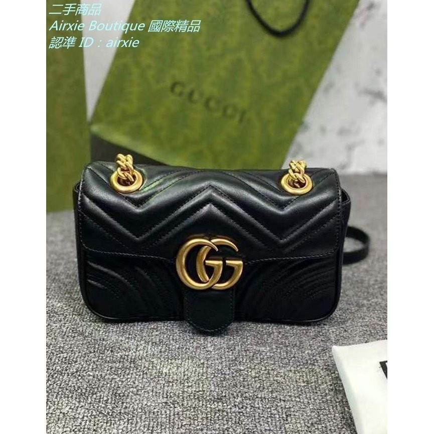 二手精品 古馳 Gucci Gg Marmont 絎縫 黑色 迷你 鏈條包 肩背包 側背包 鏈帶包 斜挎包 446744 蝦皮購物