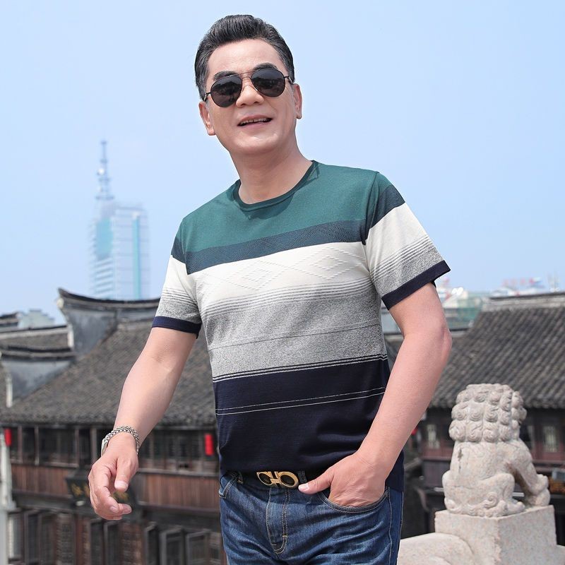 爸爸夏裝短袖T恤中年男士寬鬆冰絲體恤衫中老年人圓領半袖T恤男裝 | 蝦皮購物