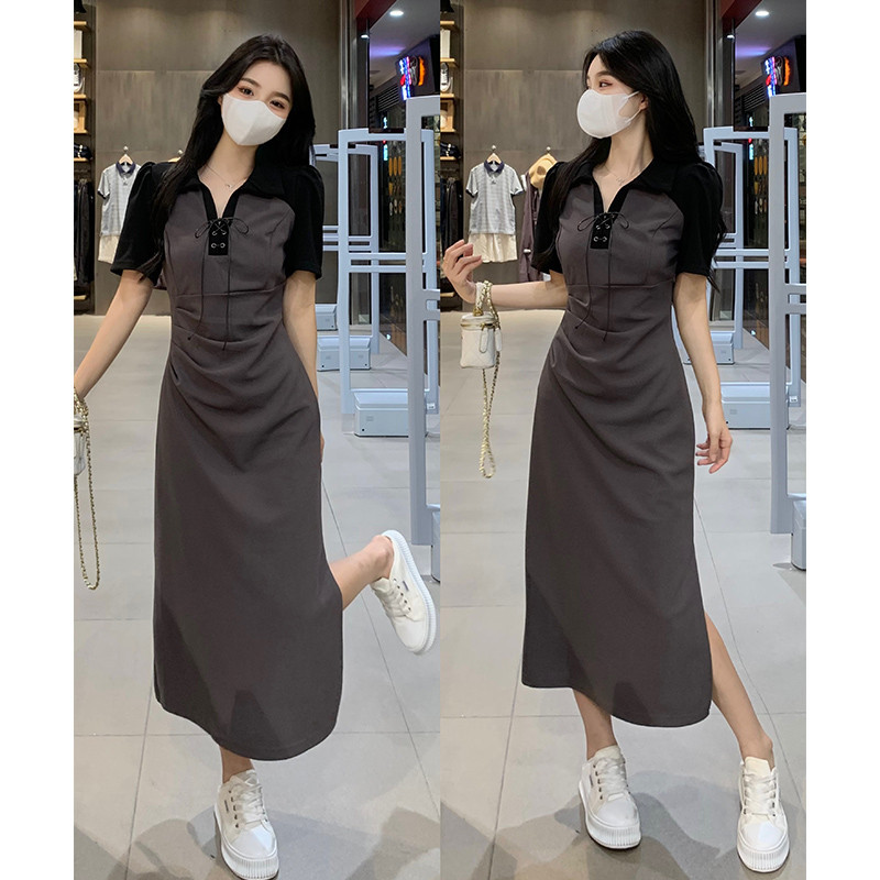 <全新西裝布料>Neo Dress 純色短袖圓領設計休閑連身裙 - Black 黑色 (CB554S)