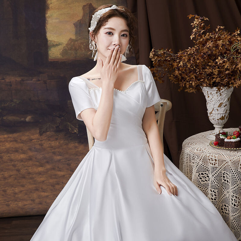 緞麵齊地婚紗禮服新款新娘結婚晚禮服矮個子僊女成人禮一字肩 【北極星賣場】 | 蝦皮購物
