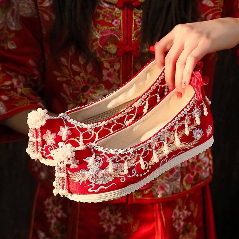 秀禾婚鞋 中式新娘鞋 紅色繡花鞋 古風漢服鞋 平底女鞋 結婚配鞋 婚禮必備 | 蝦皮購物