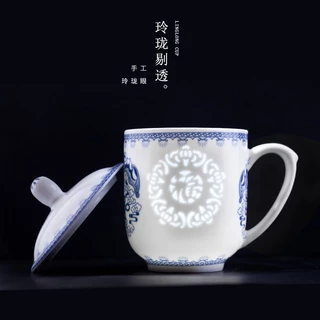 青花 玲瓏盃 茶盃 景德鎮青花玲瓏普洱茶瓷杯品茗杯反口功夫茶碗收藏