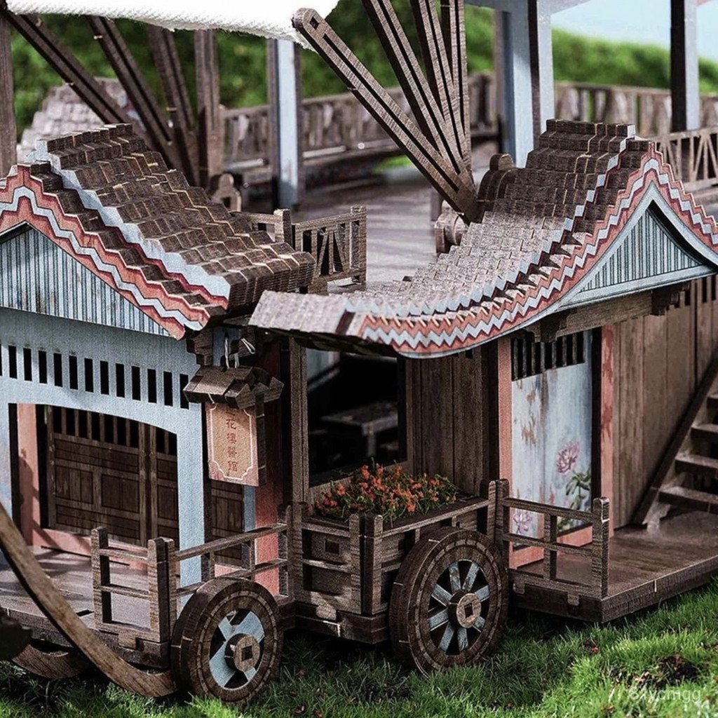 桃園有貨】蓮花樓馬車木質拚裝模型3D立體拚圖手工diy蓮花樓積木拚裝