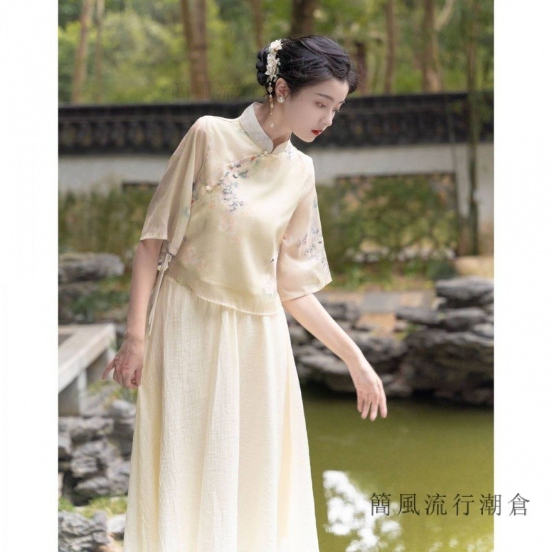 漢服女 古風衣服 中國風服飾 傳統服飾 古裝衣服 古風套裝 新中式仕女圖雪紡印花漢元素漢服套裝民族風唐裝漢服古裝兩件套夏 | 蝦皮購物