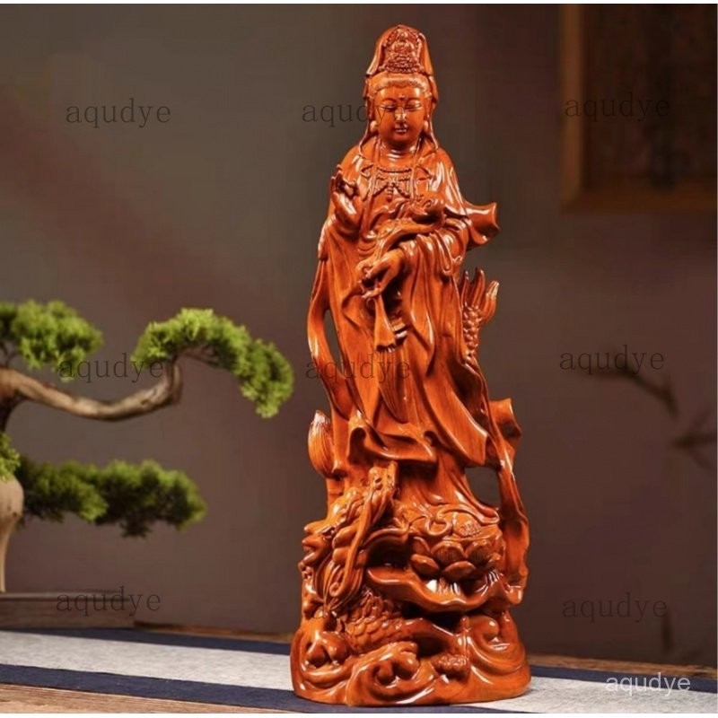 黑檀木觀音菩薩神像觀世音菩薩騎龍觀音開運平安擺件鵰像佛像擺件傢居